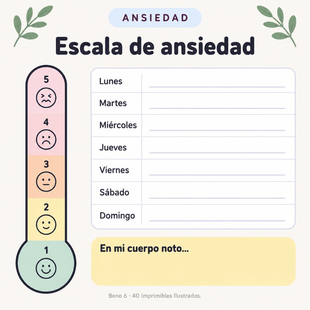 Imprimible de ansiedad: escala de ansiedad de 1 a 5 y registro semanal de lunes a domingo