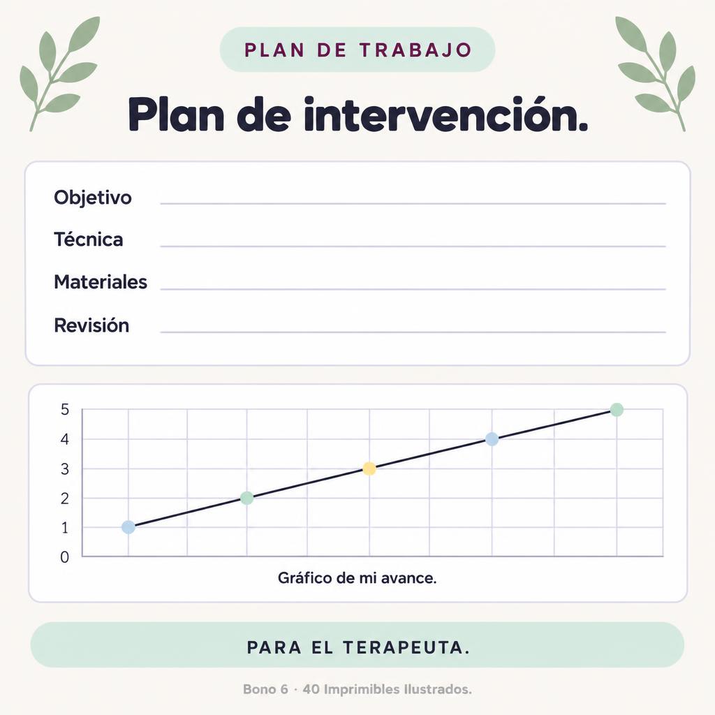 Imprimible de plan de trabajo: plan de intervención para el terapeuta y gráfico de mi avance